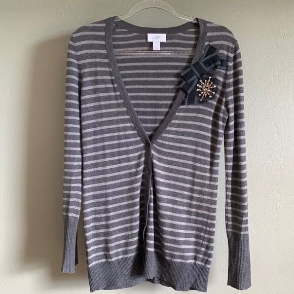 Loft Gray Striped Boyfriend Cardigan Sweater Embellished XS - Picture 1 of 6